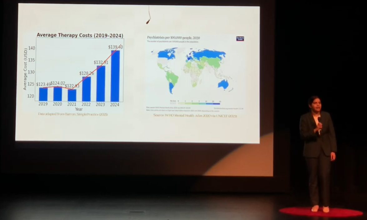 Anusha speaking on a TEDx stage